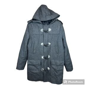 VTG Mens Guess Hooded Coat Medium Gray Plaid Wool Trench Y2K 90s Street Winter